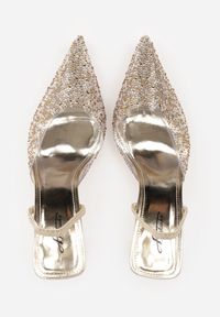 Renee - Złote Szpilki z Odkrytą Piętą i Transparentnym Noskiem z Cyrkoniami Kalinata. Okazja: na co dzień. Kolor: złoty. Materiał: jeans, koronka. Wzór: aplikacja. Obcas: na szpilce. Styl: casual, klasyczny, wizytowy #3