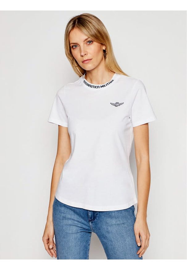 Biały t-shirt Aeronautica Militare z aplikacjami, z krótkim rękawem