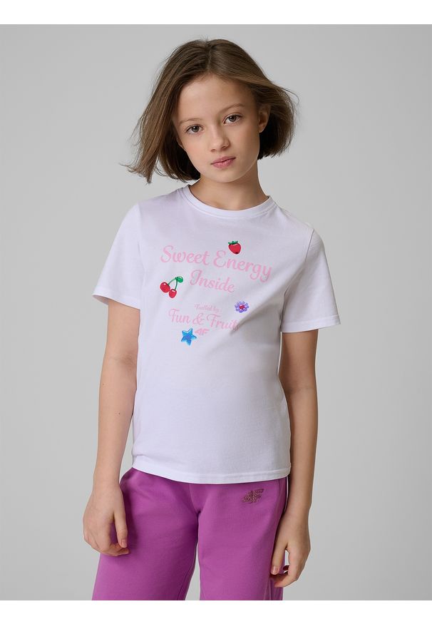 4f - 4F T-shirt regular z nadrukiem dziewczęcy - biały 146 (10-11 lat). Okazja: na co dzień, na uczelnię, na spacer. Kolor: biały. Materiał: dzianina, skóra, materiał, bawełna. Wzór: nadruk. Sezon: lato. Styl: casual