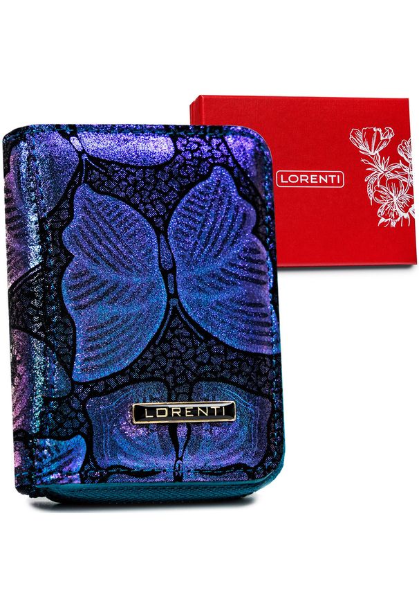 LORENTI - Portfel skórzany Lorenti niebieski motyle 5157-ONBF. Kolor: niebieski. Materiał: skóra. Wzór: aplikacja