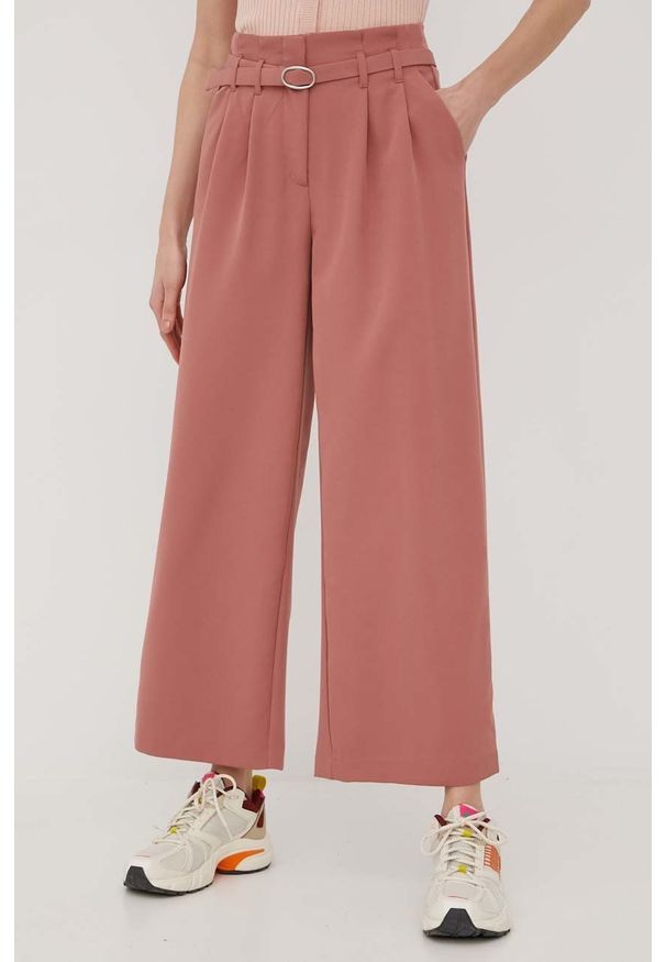 only - Only spodnie damskie kolor różowy szerokie high waist. Stan: podwyższony. Kolor: różowy. Materiał: tkanina