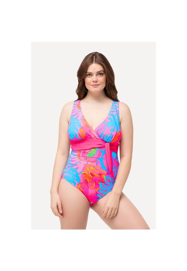 ULLA POPKEN - Damski Kostium kąpielowy neonowy nadruk ozdobna tasiemka miękkie miseczki. Kolekcja: plus size. Kolor: niebieski. Materiał: poliester, elastan, poliamid, materiał. Wzór: nadruk