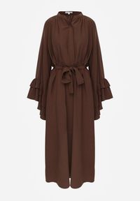 Renee - Brązowa Koszulowa Sukienka z Wiskozy Ozdobiona Paskiem i Falbanami Tinethra. Okazja: na co dzień. Kolor: brązowy. Materiał: wiskoza. Wzór: aplikacja. Typ sukienki: koszulowe. Styl: casual, elegancki, wizytowy #8