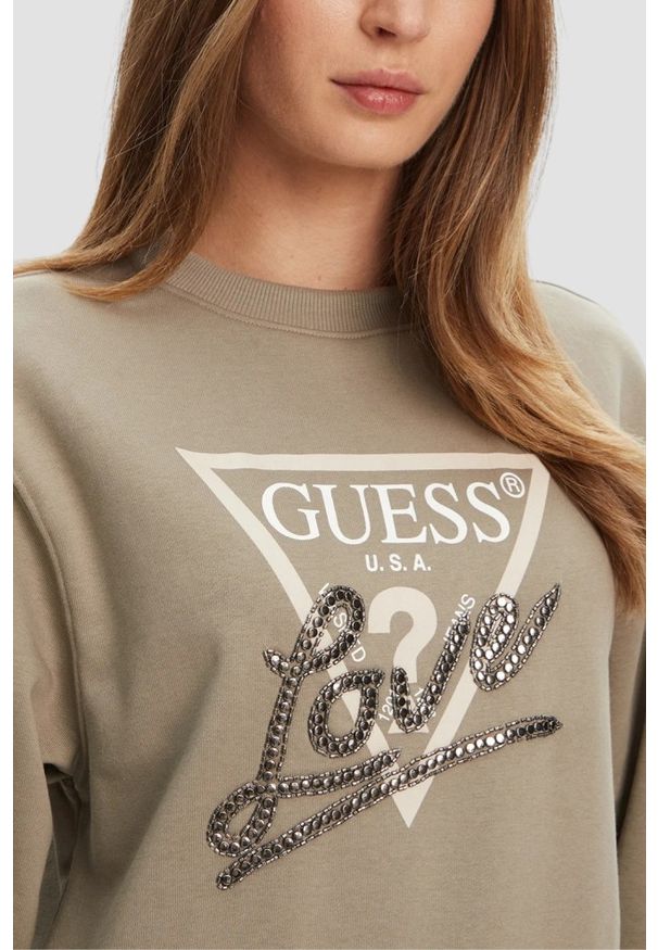 Guess - GUESS Zielona damska bluza Studded Love. Kolor: zielony