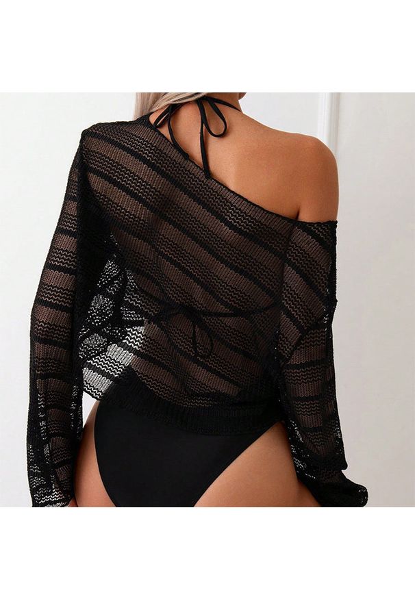 Intica - Komplet plażowy z ażurową narzutką i bikini na lato Tressa. Kolor: czarny. Materiał: materiał. Wzór: ażurowy