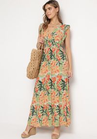 Born2be - Zielona Sukienka z Wiskozy Yenek. Kolor: zielony. Materiał: wiskoza. Długość rękawa: krótki rękaw. Wzór: nadruk, aplikacja. Typ sukienki: kopertowe, rozkloszowane. Styl: elegancki, wizytowy. Długość: maxi #1