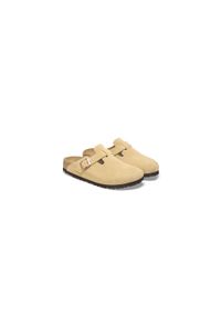 Klapki damskie Birkenstock boston vl. Zapięcie: bez zapięcia. Kolor: żółty. Materiał: zamsz, syntetyk, materiał. Sezon: lato. Sport: turystyka piesza