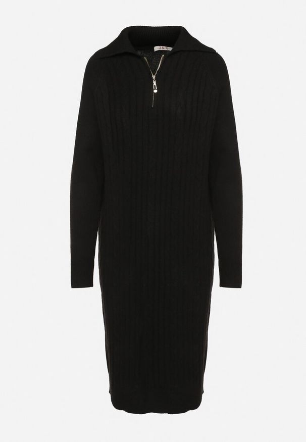 Born2be - Czarna Sukienka z Bawełną i Wełną z Kołnierzykiem na Suwak Tereithra. Okazja: na spotkanie biznesowe, na co dzień. Kolor: czarny. Materiał: wełna, bawełna. Typ sukienki: proste. Styl: elegancki, casual, biznesowy, wizytowy