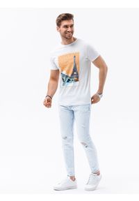 Ombre Clothing - T-shirt męski z nadrukiem S1434 V-6A - biały - XXL. Kolor: biały. Materiał: bawełna. Wzór: nadruk. Styl: klasyczny