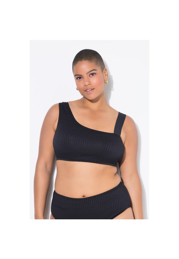 ULLA POPKEN - Damska Góra od bikini jedno ramię miękkie miseczki faktura w . Kolekcja: plus size. Kolor: czarny. Materiał: poliester, elastan, poliamid, materiał. Wzór: paski