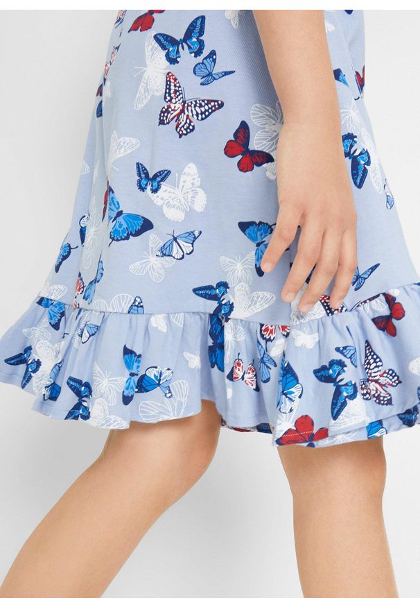 bonprix - Sukienka z dżerseju z czystej bawełny organicznej, z falbanami. Kolor: niebieski. Materiał: jersey, bawełna