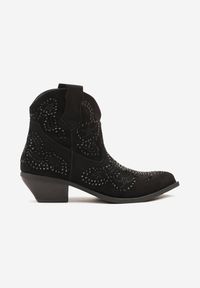 Renee - Czarne Krótkie Botki Typu Kowboki z Cyrkoniowym Zdobieniem Lalare. Okazja: na co dzień. Kolor: czarny. Materiał: jeans, skóra. Wzór: aplikacja. Obcas: na obcasie. Styl: casual. Wysokość obcasa: niski #5