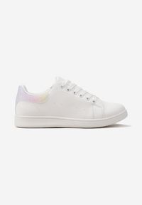 Born2be - Biało-Różowe Klasyczne Sneakersy z Gładkiej Ekoskóry z Brokatowym Zdobieniem Niretal. Kolor: biały, różowy, wielokolorowy. Wzór: aplikacja, gładki. Obcas: na płaskiej podeszwie