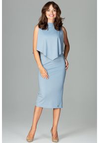 Lenitif - Dopasowana sukienka midi z doszytą pelerynką niebieska. Kolor: niebieski. Typ sukienki: ołówkowe, dopasowane. Styl: elegancki. Długość: midi #4
