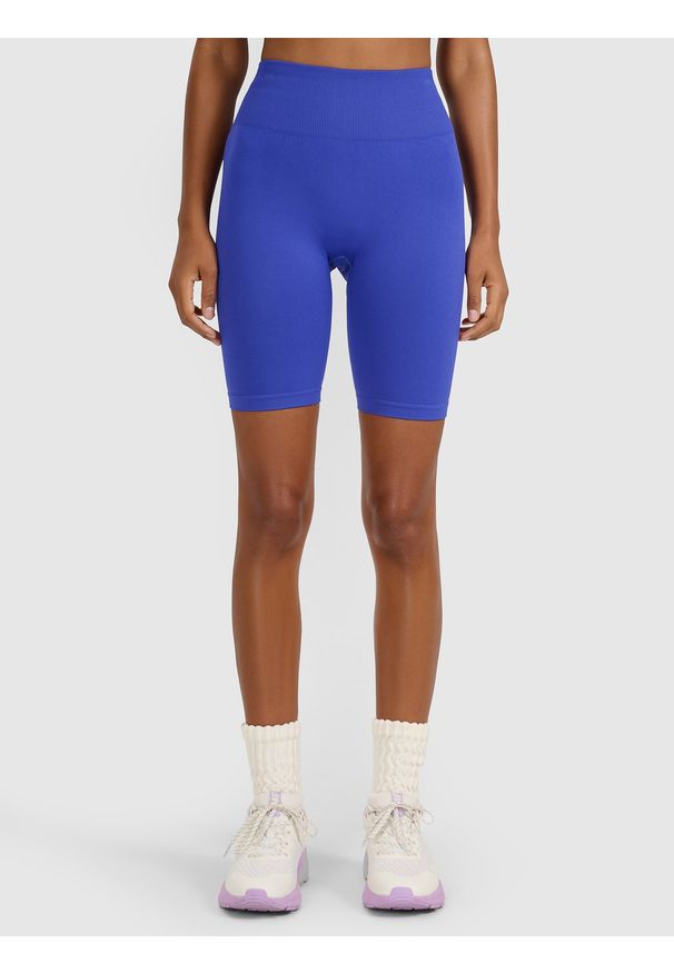 4f - 4F Legginsy kolarki treningowe bezszwowe damskie - niebieskie XS/S. Stan: podwyższony. Kolor: niebieski. Materiał: materiał, elastan, syntetyk, dzianina, włókno. Długość: krótkie. Wzór: gładki. Sport: fitness
