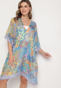 Born2be - Niebieskie Ponczo z Wiskozy z Jedwabiem w Abstrakcyjny Wzór Idellora. Okazja: na co dzień. Kolor: niebieski. Materiał: jedwab, wiskoza. Styl: casual
