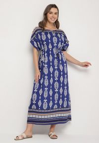 Born2be - Niebieska Pudełkowa Sukienka z Wiskozy w Etniczny Wzór Mirosela. Okazja: na co dzień. Kolor: niebieski. Materiał: wiskoza. Długość rękawa: krótki rękaw. Styl: klasyczny, casual, elegancki #1