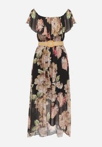 Born2be - Czarna Sukienka Typu Hiszpanka w Kwiaty z Paskiem Sademire. Okazja: na co dzień. Typ kołnierza: dekolt hiszpanka. Kolor: czarny. Wzór: kwiaty. Styl: casual #4