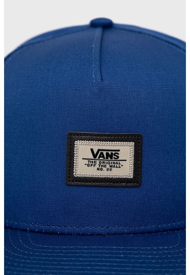 Vans czapka bawełniana z aplikacją. Kolor: niebieski. Materiał: bawełna. Wzór: aplikacja