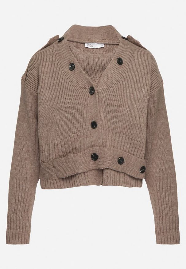 Born2be - Ciemnobeżowy Kardigan o Klasycznym Kroju Zdobiony Paskiem z Guzikami Tilirae. Okazja: na co dzień, na spotkanie biznesowe. Kolor: beżowy. Materiał: jeans. Wzór: aplikacja. Styl: klasyczny