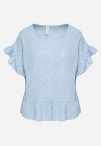 Born2be - Jasnoniebieska Bluzka o Kroju Oversize z Falbanami Livelle. Okazja: na co dzień. Kolor: niebieski. Materiał: jeans. Długość rękawa: krótki rękaw. Długość: krótkie. Styl: casual #3