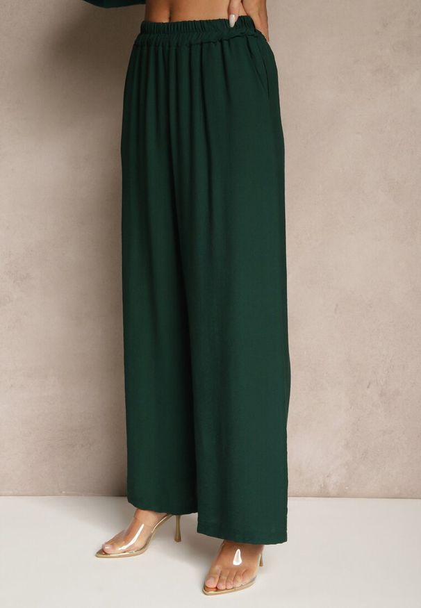 Renee - Ciemnozielony Wiskozowy Komplet Oversize Koszula i Spodnie Wide Leg Zierana. Kolor: zielony. Materiał: wiskoza