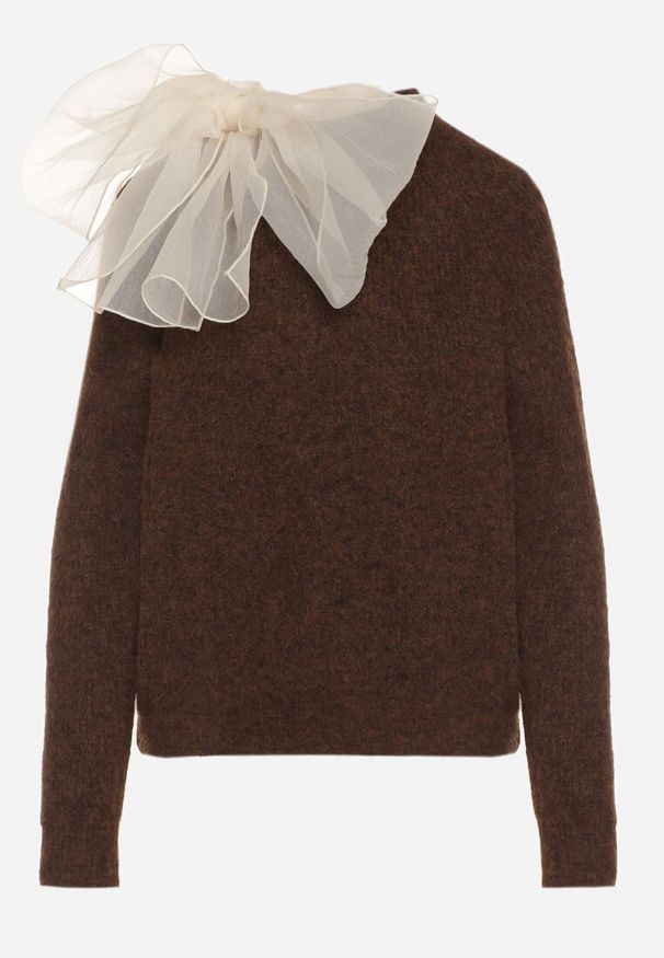 Born2be - Brązowy Sweter z Domieszką Wełny z Ozdobnym Wiązaniem Tuselana. Okazja: na co dzień. Kolor: brązowy. Materiał: wełna. Wzór: aplikacja. Styl: klasyczny, casual, elegancki