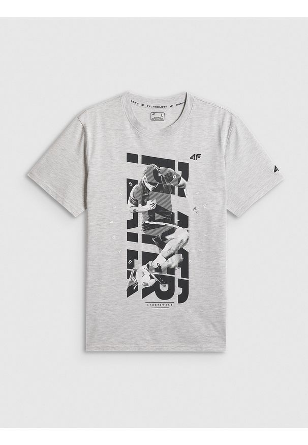 4f - 4F T-shirt regular z nadrukiem męski - szary XXL. Okazja: na co dzień. Kolor: szary. Materiał: bawełna, materiał, jersey. Długość rękawa: krótki rękaw. Długość: krótkie. Wzór: nadruk. Styl: klasyczny, casual, sportowy