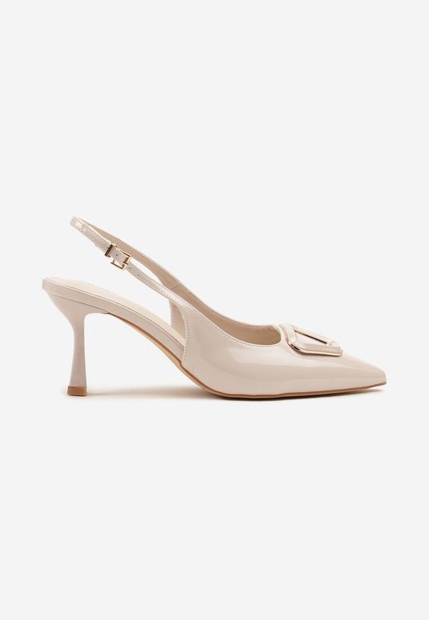 Renee - Beżowe Sandały na Szpilce Vices Slingback Lakierowane z Ozdobą Ataloria. Okazja: na co dzień. Zapięcie: sprzączka. Kolor: beżowy. Materiał: lakier. Wzór: aplikacja. Obcas: na szpilce. Styl: klasyczny, elegancki, casual