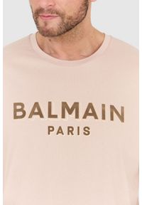 Balmain - BALMAIN Beżowy męski t-shirt z aksamitnym logo flock and foil, Rozmiar 2XL. Kolor: beżowy #3