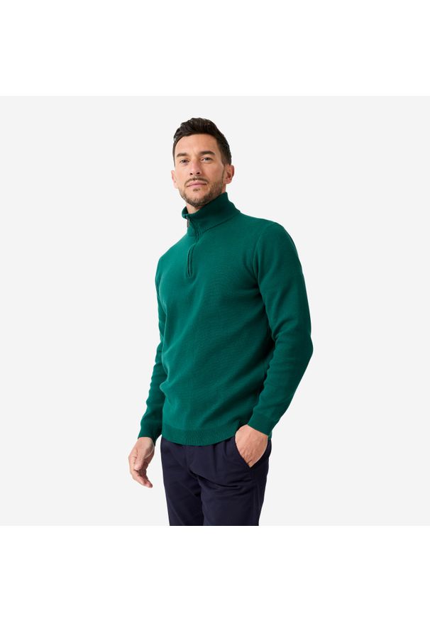 INESIS - Sweter do golfa męski MW500 z półgolfem. Typ kołnierza: golf. Kolor: zielony. Materiał: bawełna, materiał. Wzór: ze splotem. Sport: golf