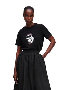 Karl Lagerfeld - KARL LAGERFELD Czarny damski t-shirt Ikon Sketch Choupette, Rozmiar XS. Okazja: na co dzień. Kolor: czarny. Materiał: materiał. Wzór: nadruk. Styl: casual