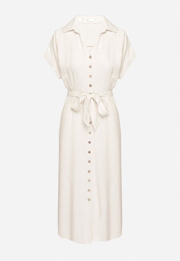 Born2be - Jasnobeżowa Sukienka z Bawełny o Koszulowym Kroju z Wiązanym Paskiem Elanitiela. Okazja: na co dzień. Kolor: beżowy. Materiał: bawełna. Długość rękawa: krótki rękaw. Typ sukienki: koszulowe. Styl: casual, elegancki