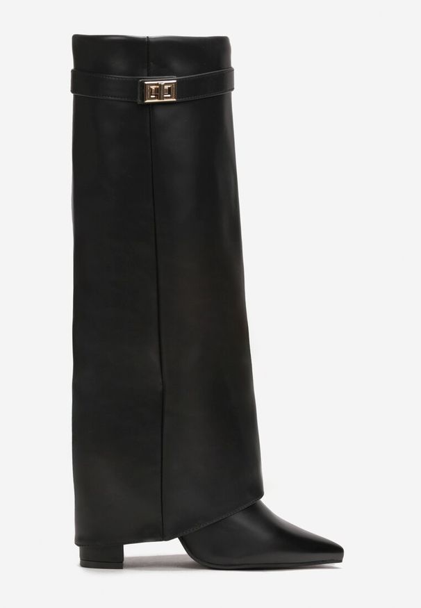 Renee - Czarne Kozaki na Słupku z Wywiniętą Cholewką i Noskiem w Szpic Selvaggia. Nosek buta: szpiczasty. Zapięcie: zamek. Kolor: czarny. Materiał: materiał, skóra. Szerokość cholewki: normalna. Sezon: zima. Obcas: na słupku. Wysokość obcasa: średni