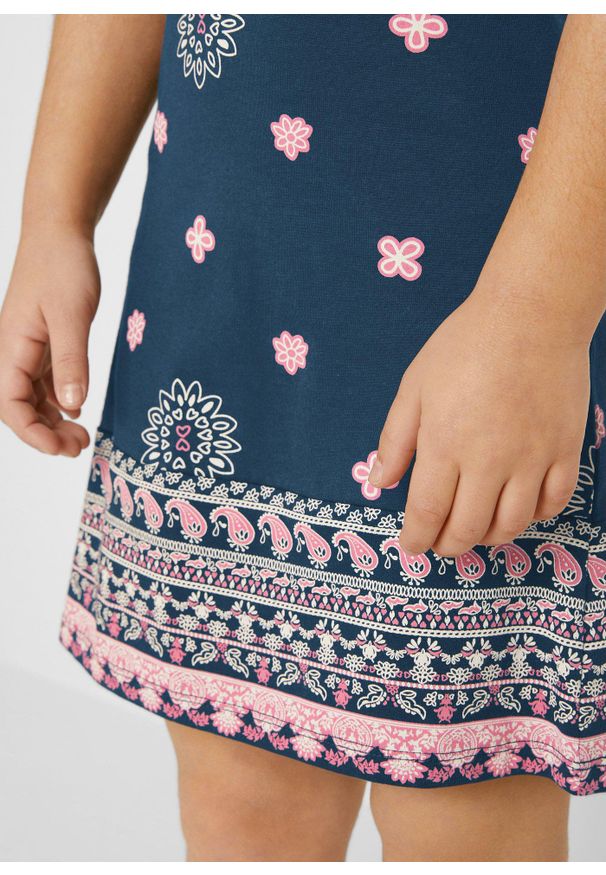 bonprix - Letnia sukienka dziewczęca. Kolor: niebieski. Materiał: materiał. Wzór: nadruk, aplikacja. Sezon: lato