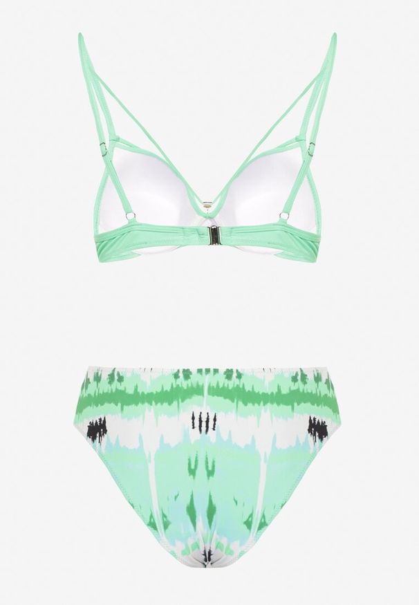 Born2be - Ciemnozielone Bikini Biustonosz Push-Up z Ozdobnymi Paskami i Majtki Typu Figi Kinrisa. Kolor: zielony. Wzór: aplikacja