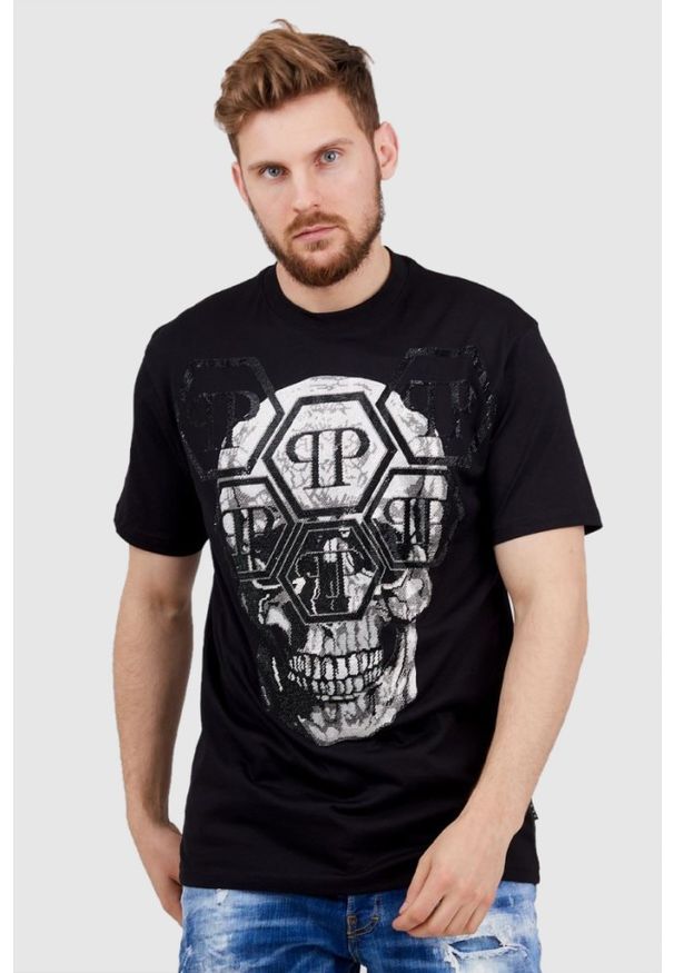 Philipp Plein - PHILIPP PLEIN Czarny t-shirt męski Round neck ss iconic plein. Kolor: czarny. Materiał: prążkowany, skóra. Wzór: aplikacja