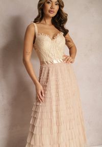 Renee - Beżowa Maxi Sukienka Rozkloszowana Sukienka na Ramiączkach z Gorsetową Górą Ocartia. Typ kołnierza: dekolt gorset. Kolor: beżowy. Długość rękawa: na ramiączkach. Typ sukienki: gorsetowe. Długość: maxi