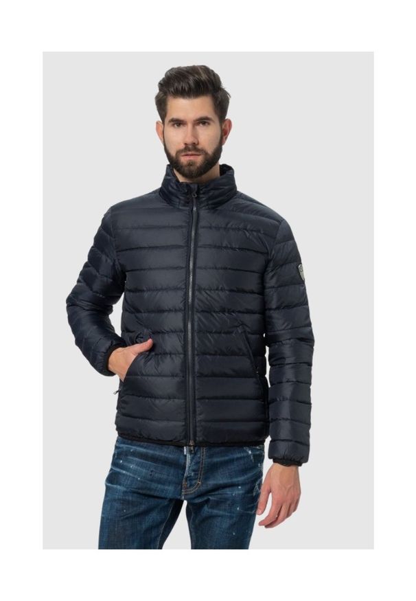 EA7 Emporio Armani - EA7 Granatowa kurtka męska, Rozmiar M. Typ kołnierza: kołnierzyk stójkowy. Kolor: niebieski. Materiał: guma, puch. Wzór: aplikacja
