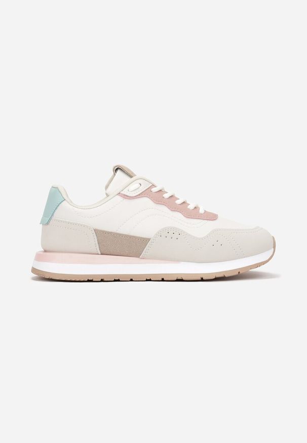 Renee - Biało-Różowe Sneakersy Zdobione Wstawkami z Imitacji Skóry Fayela. Kolor: różowy. Materiał: skóra. Wzór: aplikacja