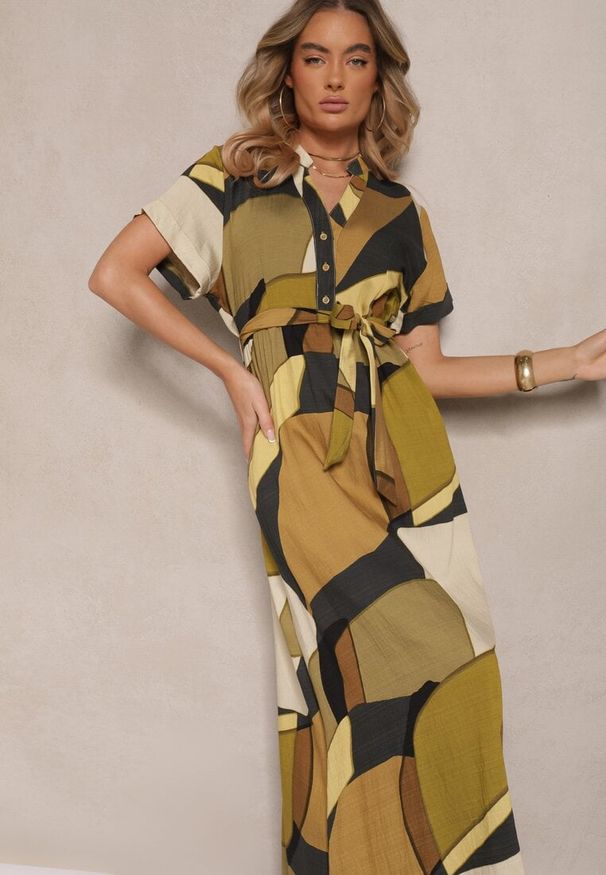 Renee - Zielona Wiskozowa Sukienka Koszulowa z Paskiem w Geometryczny Print Falintia. Okazja: na co dzień. Typ kołnierza: dekolt w kształcie V. Kolor: zielony. Materiał: wiskoza. Długość rękawa: krótki rękaw. Wzór: nadruk, geometria. Typ sukienki: koszulowe. Styl: casual, klasyczny