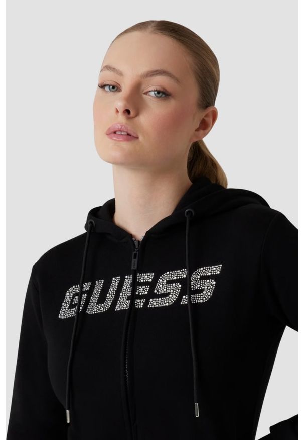Guess - GUESS Czarna damska bluza z kapturem i cyrkoniami Primula, Rozmiar M. Typ kołnierza: kaptur. Kolor: czarny