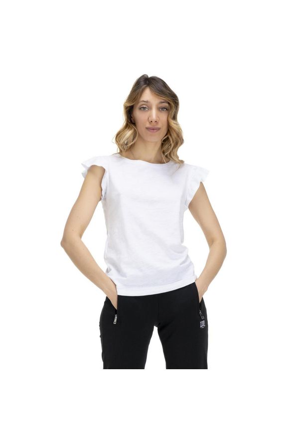 LEONE 1947 APPAREL - T-shirt damski z falbaną w kolorach ziemi. Kolor: biały. Materiał: tkanina. Sport: fitness