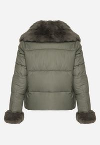 Born2be - Zielona Pikowana Kurtka z Szerokim Kołnierzem z Futerkiem Galerra. Okazja: na spacer, na co dzień. Kolor: zielony. Materiał: futro. Sezon: zima. Styl: casual, elegancki #3