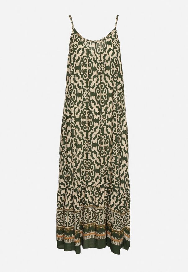 Born2be - Ciemnozielona Bawełniana Sukienka o Rozkloszowanym Kroju na Cienkich Ramiączkach Nellarra. Kolor: zielony. Materiał: bawełna. Długość rękawa: na ramiączkach. Sezon: lato. Styl: elegancki