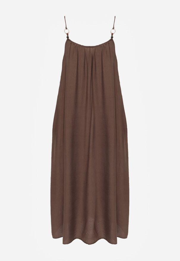 Born2be - Ciemnobrązowa Pudełkowa Sukienka Boho z Wiskozy na Ramiączkach z Ozdobnymi Koralikami Erane. Okazja: na co dzień. Kolekcja: plus size. Kolor: brązowy. Materiał: wiskoza. Długość rękawa: na ramiączkach. Typ sukienki: proste, dla puszystych. Styl: boho