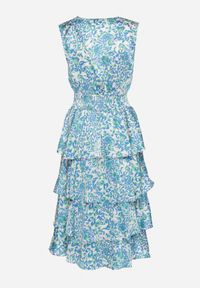 Born2be - Niebieska Sukienka z Kopertowym Dekoltem i Gumką w Pasie z Falbankami Dimolia. Okazja: na co dzień. Typ kołnierza: kołnierz z falbankami. Kolor: niebieski. Materiał: tkanina, skóra. Sezon: lato. Typ sukienki: kopertowe. Styl: elegancki, casual, klasyczny #6