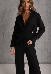 Renee - Czarny Komplet z Wiskozy Spodnie Szerokie i Koszula z Ozdobnym Materiałem Airial. Kolor: czarny. Materiał: wiskoza, materiał #5