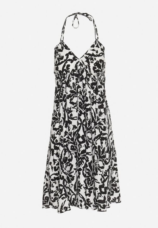 Born2be - Czarno-Biała Rozkloszowana Sukienka na Ramiączkach Wiązana na Szyi z Dekoltem w Serek Beviana. Okazja: na co dzień. Typ kołnierza: dekolt w serek. Kolor: czarny. Materiał: skóra, bawełna, materiał. Długość rękawa: na ramiączkach. Styl: klasyczny, casual, elegancki