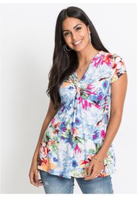 bonprix - T-shirt z mieszanki wiskozy. Typ kołnierza: dekolt w serek. Kolor: niebieski. Materiał: wiskoza. Wzór: gładki, nadruk, aplikacja #1